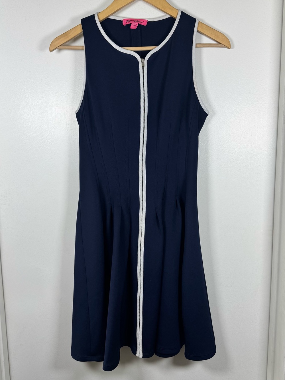 Betsy Johnson Blue W White Trim Full Zip Fit & Flare Women’s Knit Dress Womens 4